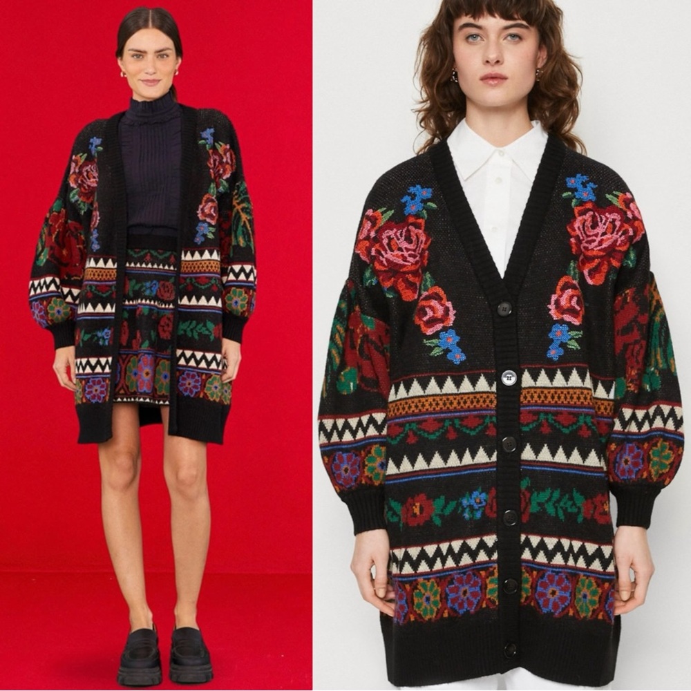 FARM Rio Black Floral Embroidered Chunky Cardigan with Red & Blue Roses - Picture 1 of 15